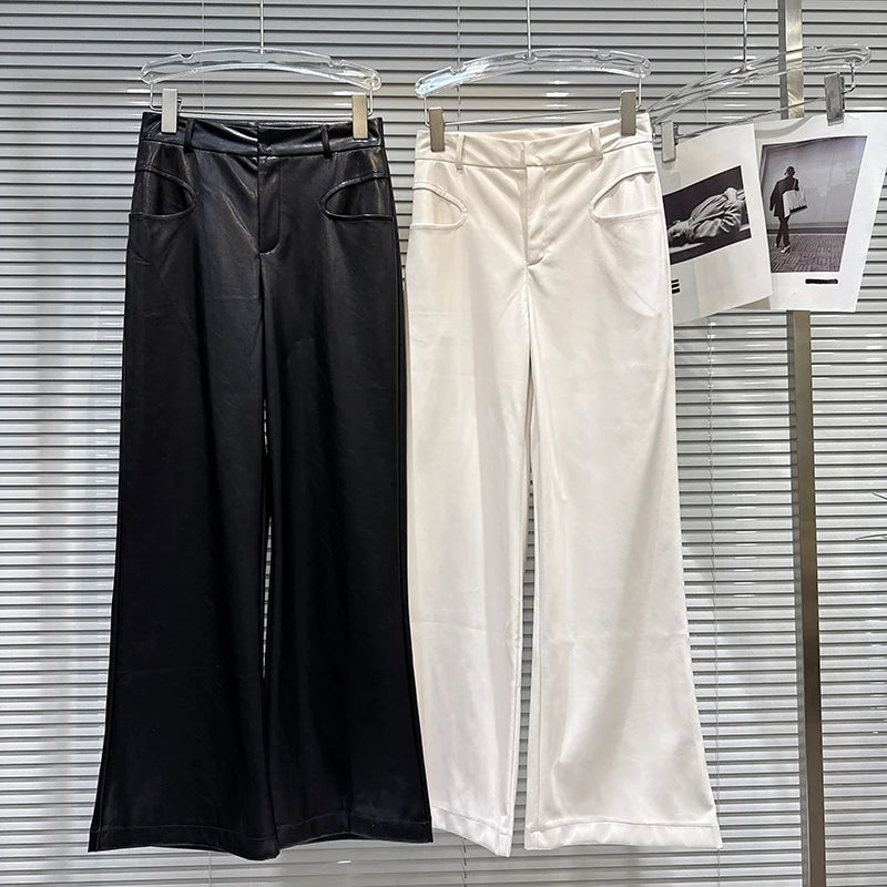 Winter New Fashion Three-Dimensional Solid Color PU Leather Casual Pants For Women High Waist Wide-Leg Pant 11A07679