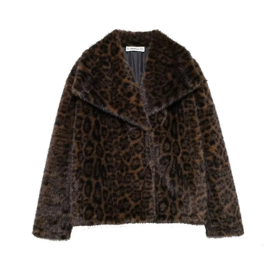 Women's Artificial Fur Coat Winter New Style Collar Stand up Windproof Effect Cross-Border Fashion Outerwear 4360240 Deep leopard print