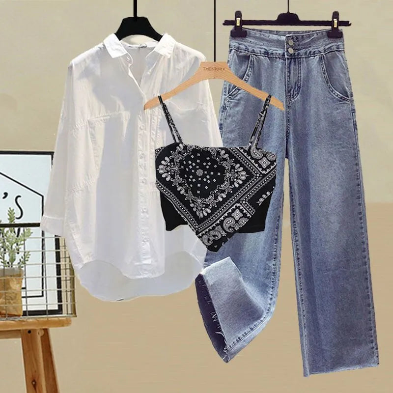 Spring and Autumn Set Women's 2024 New Korean Fashion Casual Sunscreen Shirt Tank Top Slim Jeans Three Piece Set Three-piece suit 02