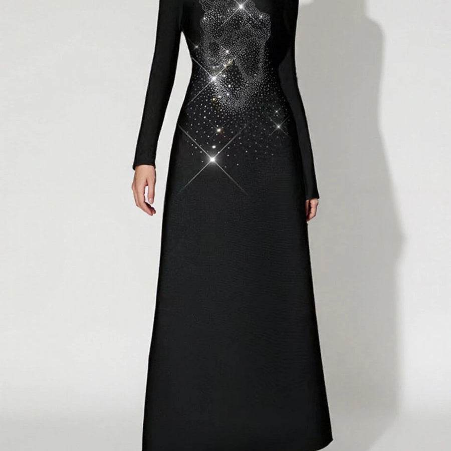 Solid Spliced Stick Drill Elegant Dresses for Women Round Neck Long Sleeves Temperamnet Dress Female Fashion New