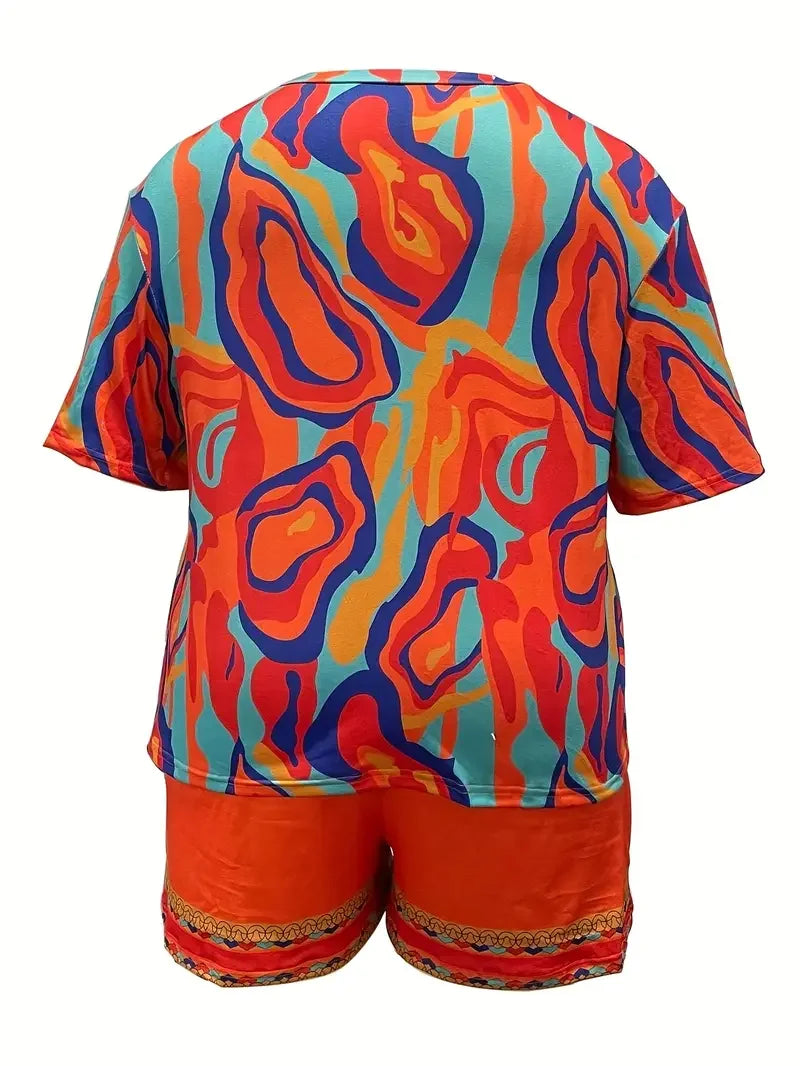 Plus Size 1XL-5XL Women's Colorful Abstract Print Pajama Set Casual Short Sleeve Round Neck T-Shirt & Shorts Summer Loungewear