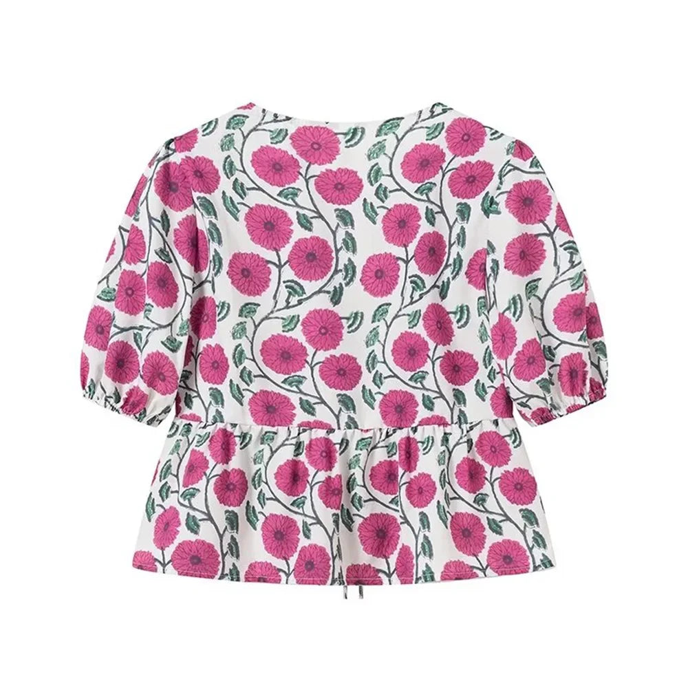 Zach Ailsa Summer New Women's Fashion Versatile V-neck Short sleeved Printed Shirt High Waist Wrap Hip Skirt Set