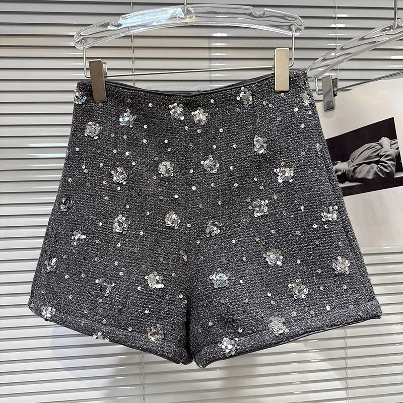Winter New Fashion Sequin Flower Embroidery Tweed Short Pants For Women High Waist Wide-leg Shorts Female 11A07658