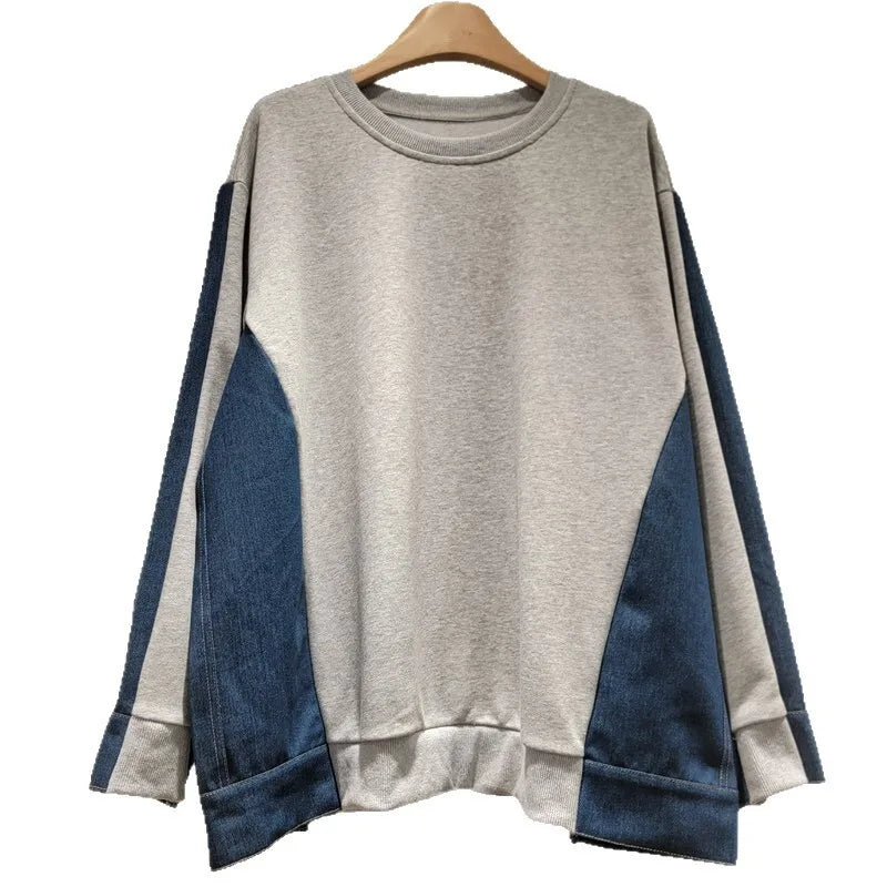 Autumn Winter New Fashion Denim Patchwork Round Neck Long Sleeve T-Shirt For Women Loose Casual Sweatshirt 11A07719