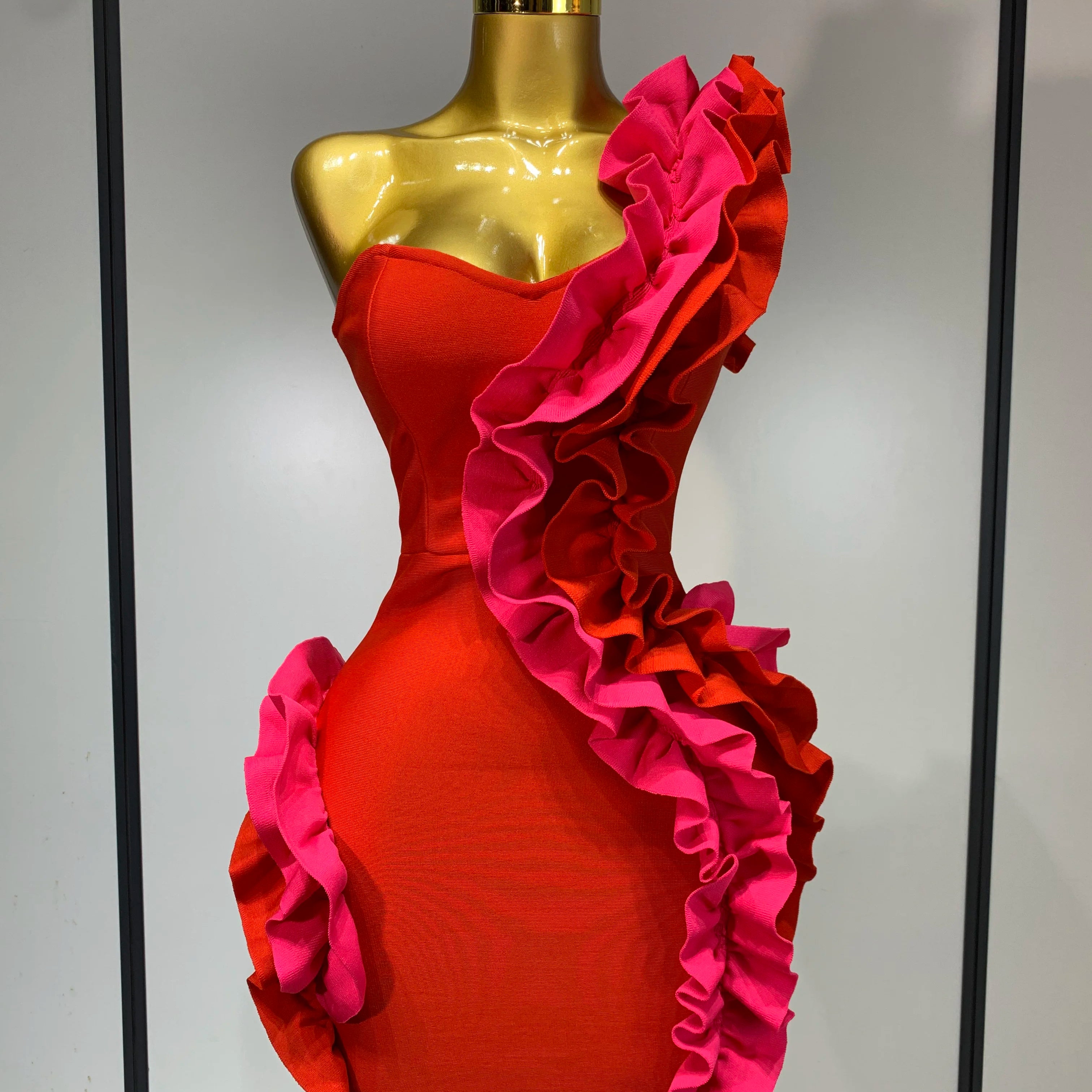 Women Sexy One Shoulder Red Ruffles Bodycon Bandage Dress 2025 Celebrity Elegant Evening Birthday Party Club Luxury Dresses Red