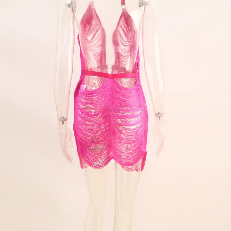 Beyprern New Chic Ladder Cut-Out Knit Beach Cover-Up Mini Dress Women Sexy Clubwear Summer Backless Clubwear Robes Swimwear