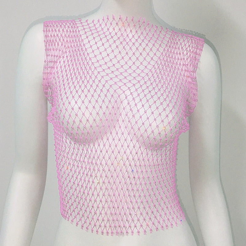 Women's Fishnet Rhinestone Crop Top 2024 Summer Sexy Mesh High Elastic Black White Shirt Net See Through Rave Diamond Tank Top Pink