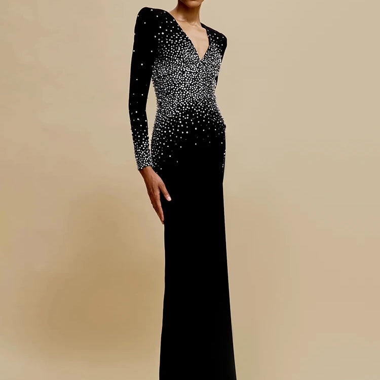 Black Long Sleeves Pearls Embellished Long Dress For Women V Neck Beaded Celebrity Party Evening Gowns Vestidos