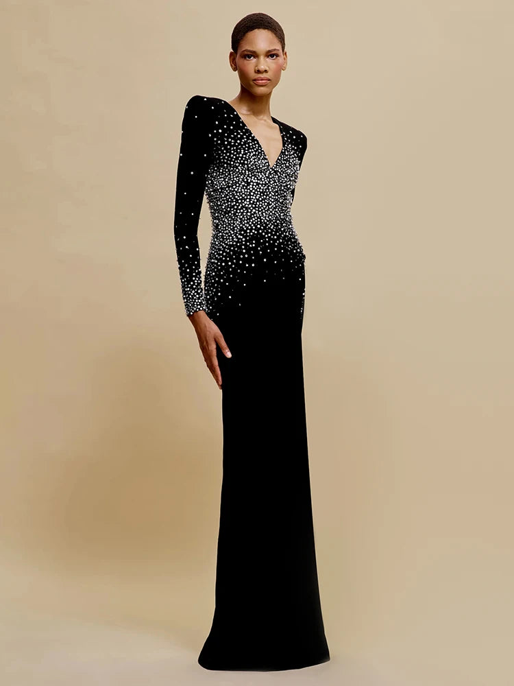 Black Long Sleeves Pearls Embellished Long Dress For Women V Neck Beaded Celebrity Party Evening Gowns Vestidos