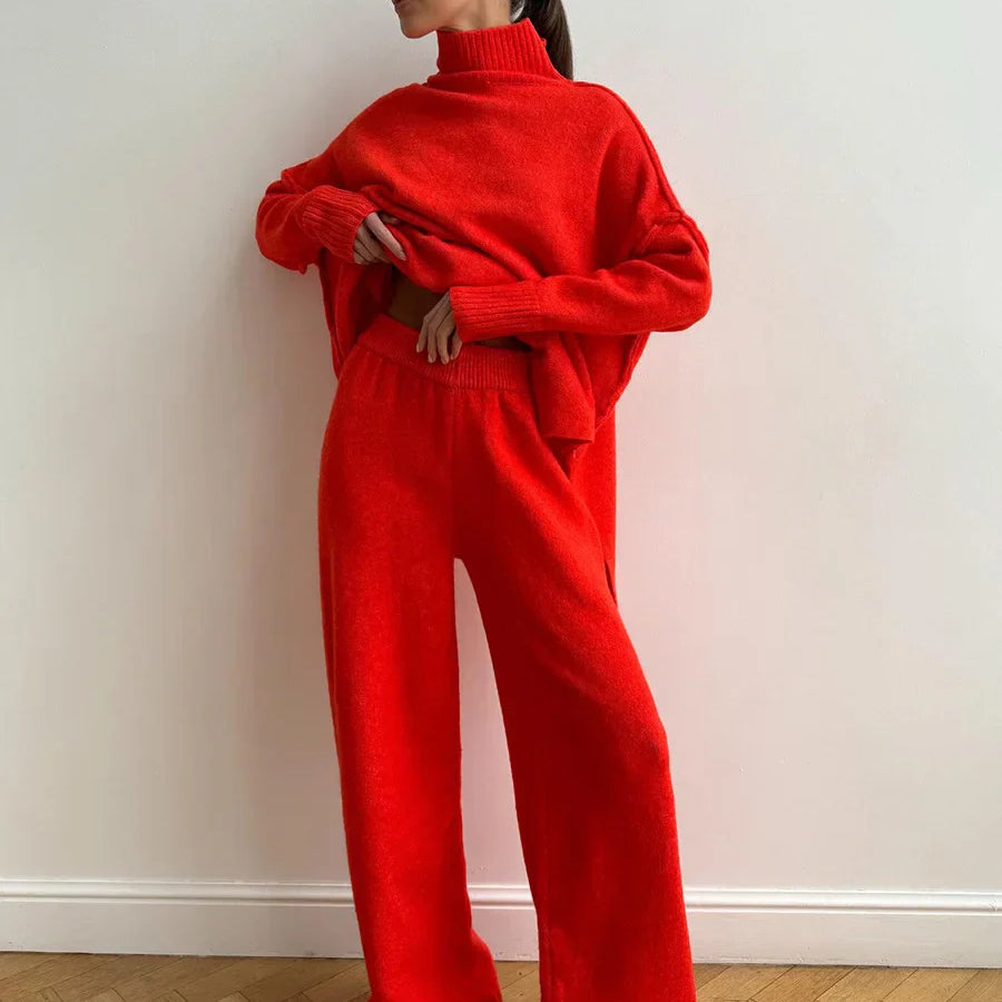 2025 turtleneck sweater set women's European, American autumn and winter new loose casual lazy thickened knitted trousers set orange