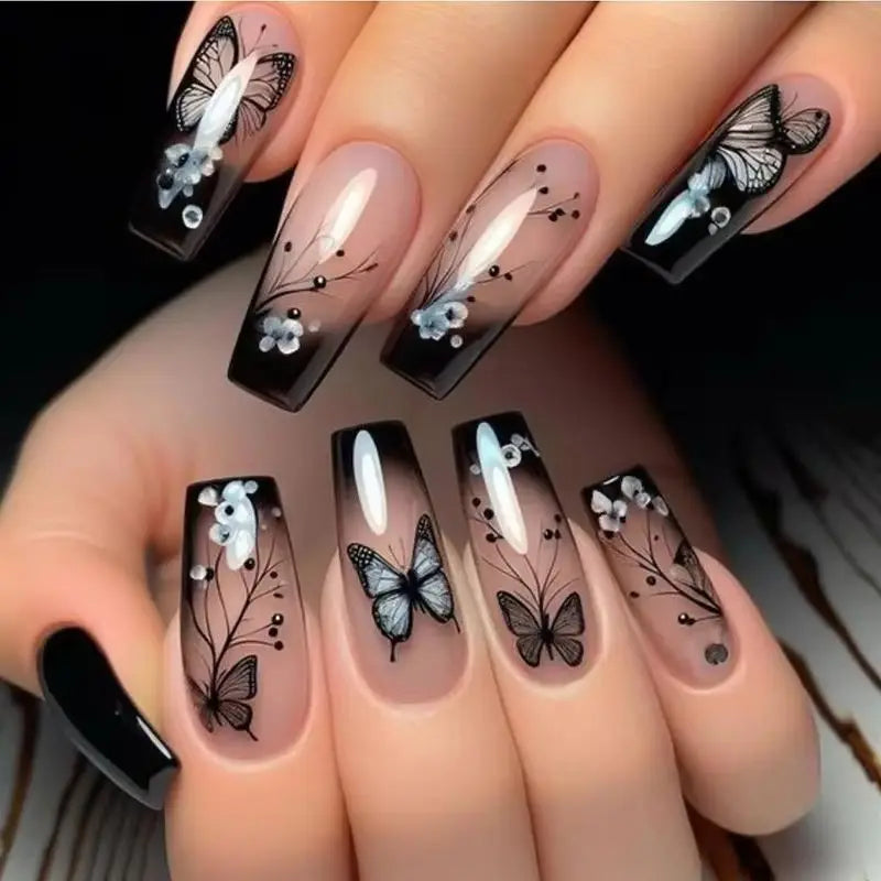 24Pcs Dark Gradient Press on Nails Medium Length Ballet Coffin Fake Nails Dreamy Butterfly Flowers False Nails Sweet Cool Nail