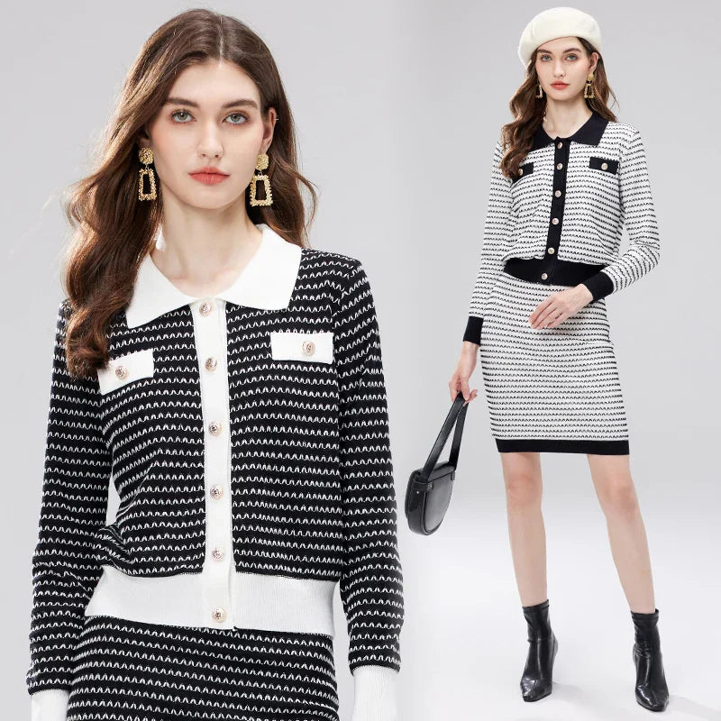 High End Knitted Two-Piece Women'S Autumn And Winter Small Collar Cardigan Jacket Paired With High Waisted Hip Hugging Skirt