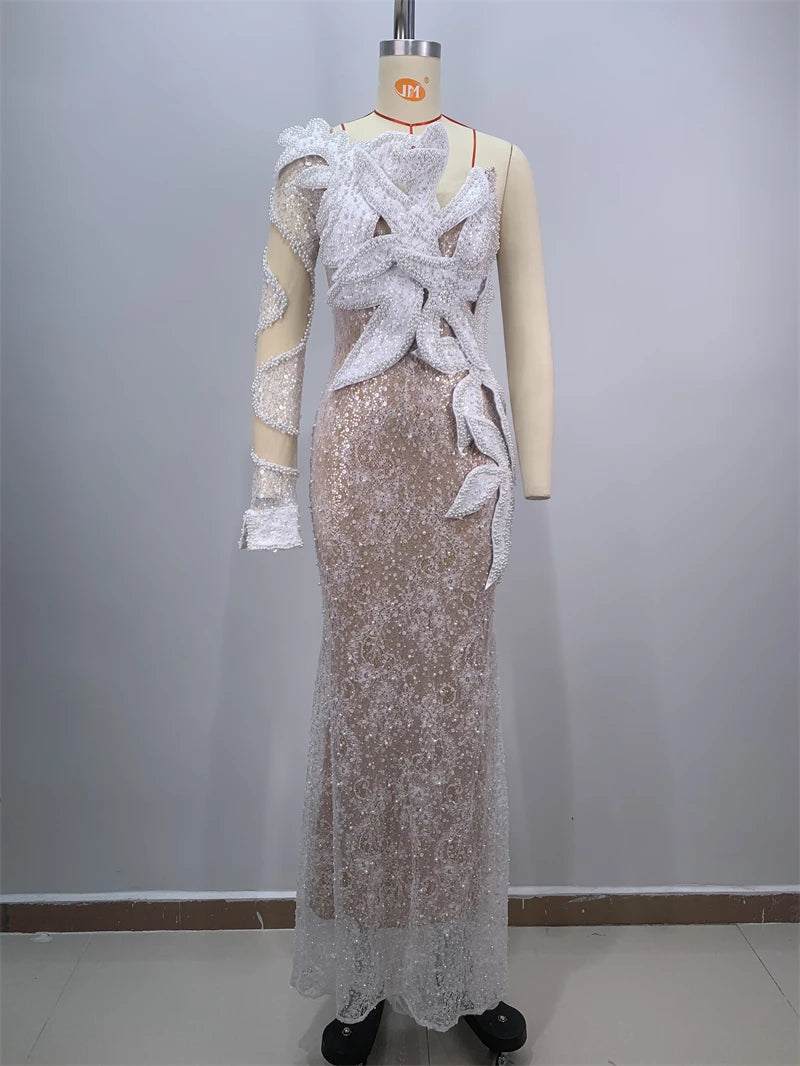 2024 White Sequins Beading One Shoulder White Lace Long Dress Graceful Woman Wedding Party Dress Singer Performance costume