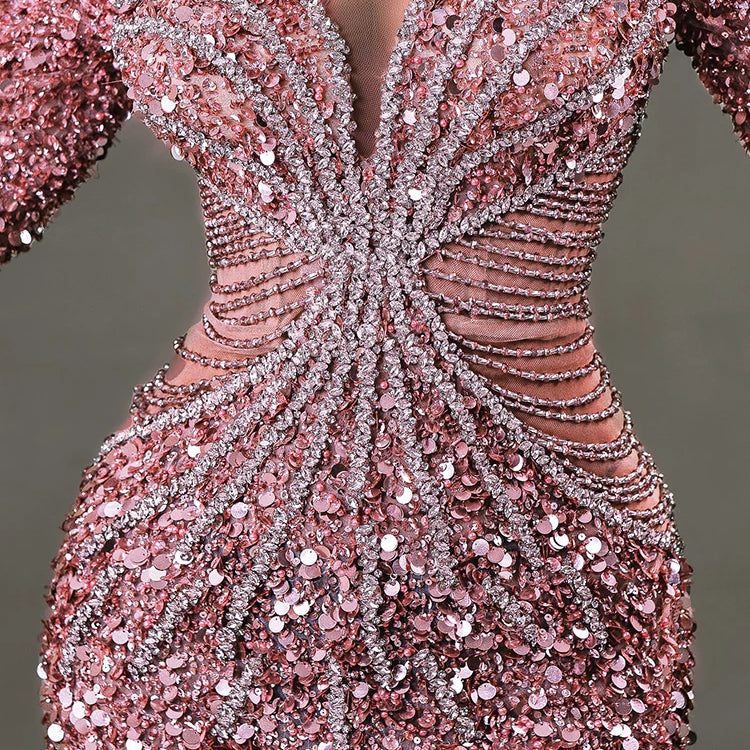 Pink Sparkly Sequins Long Dress Pearls Chains Design Off the Shoulder Long Sleeves Formal Occasion Mermaid Party Evening Gown