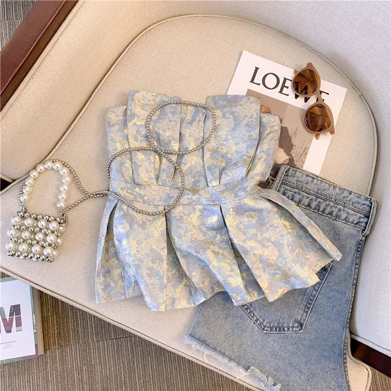 Women Pink Crop Top Vest Y2k Sleeveless Off Shoulder Tank Tops Vintage Fashion Off Shoulder Summer Kawaii Camisole Clothes 2024 Blue