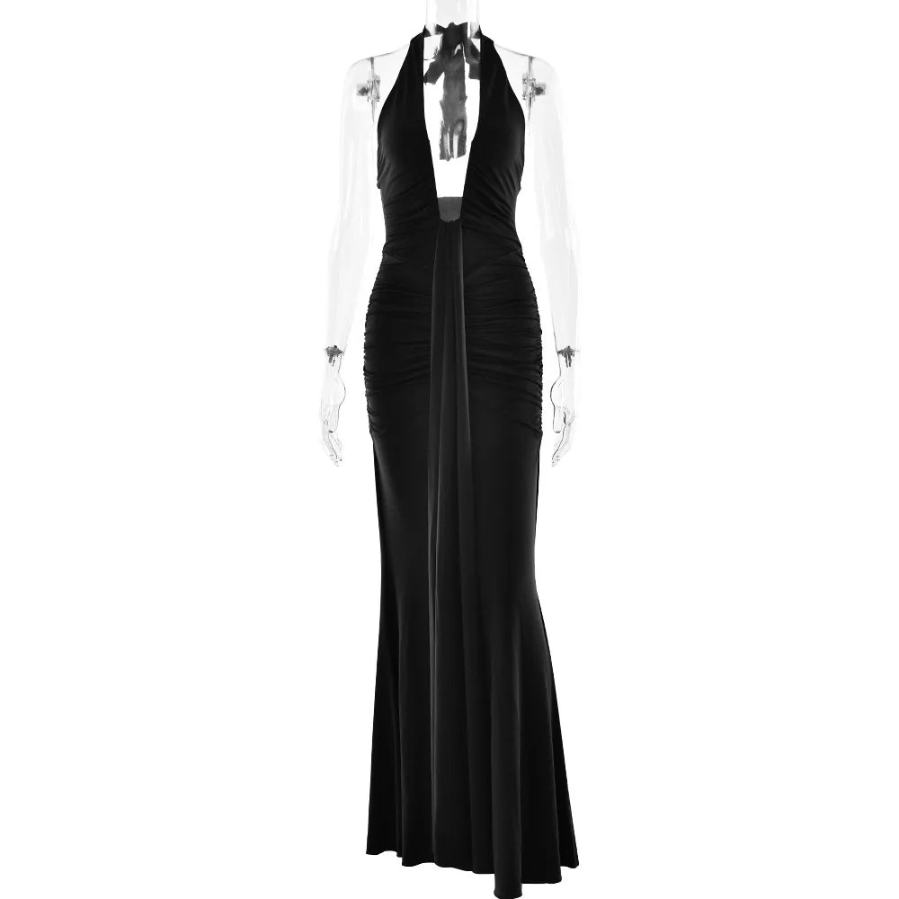 Women Halter V-neck Stacked Ruched Backless Bodycon Midi Maxi Long Dress 2025 Vacation Birthday Sexy Party Club Dresses black