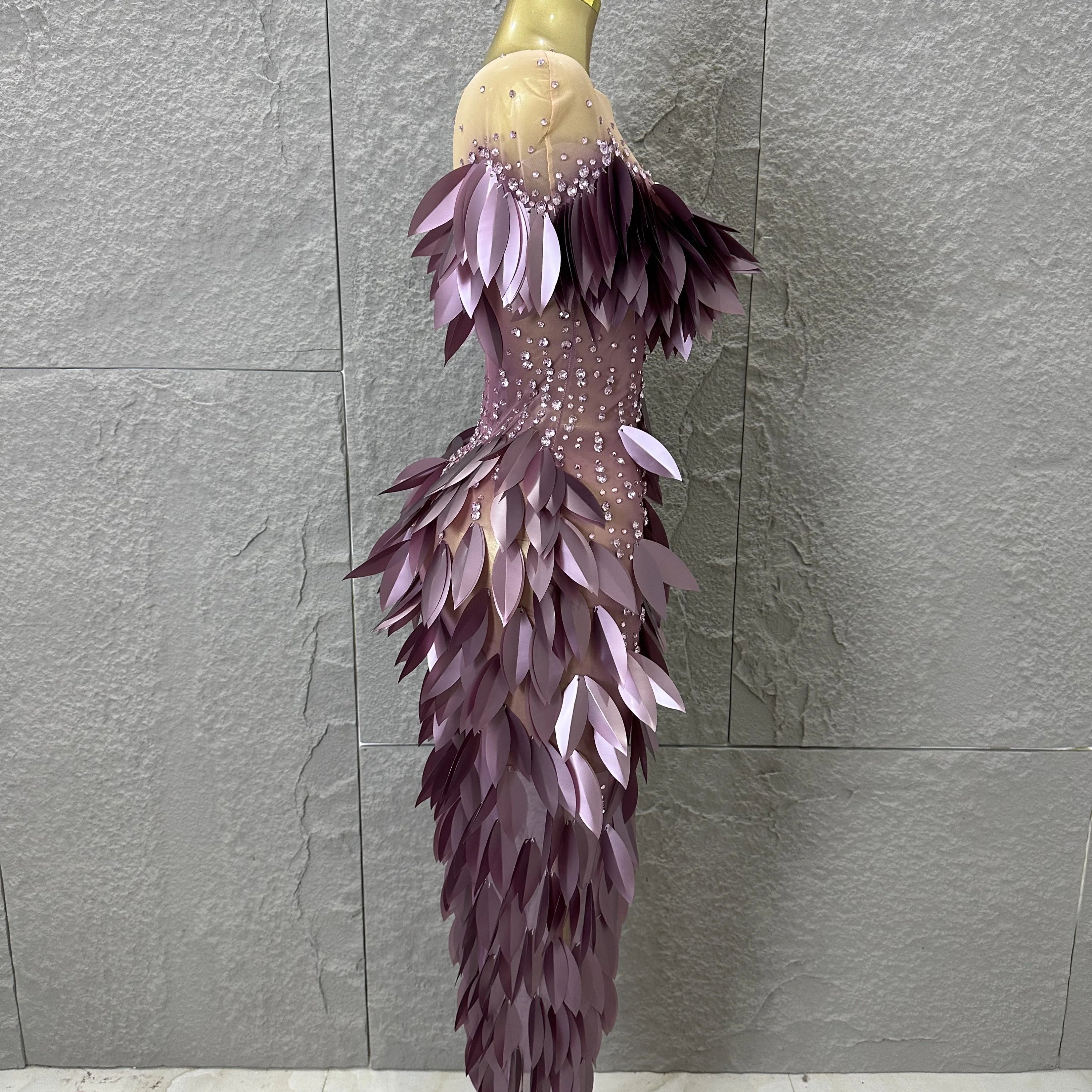 Sparkly 2026 Purple Sheer Mesh Dress Women Sexy Illusion Neck Rhinestone 3D Leaf Fringe Bodycon Evening Gala Nightclub Outfit