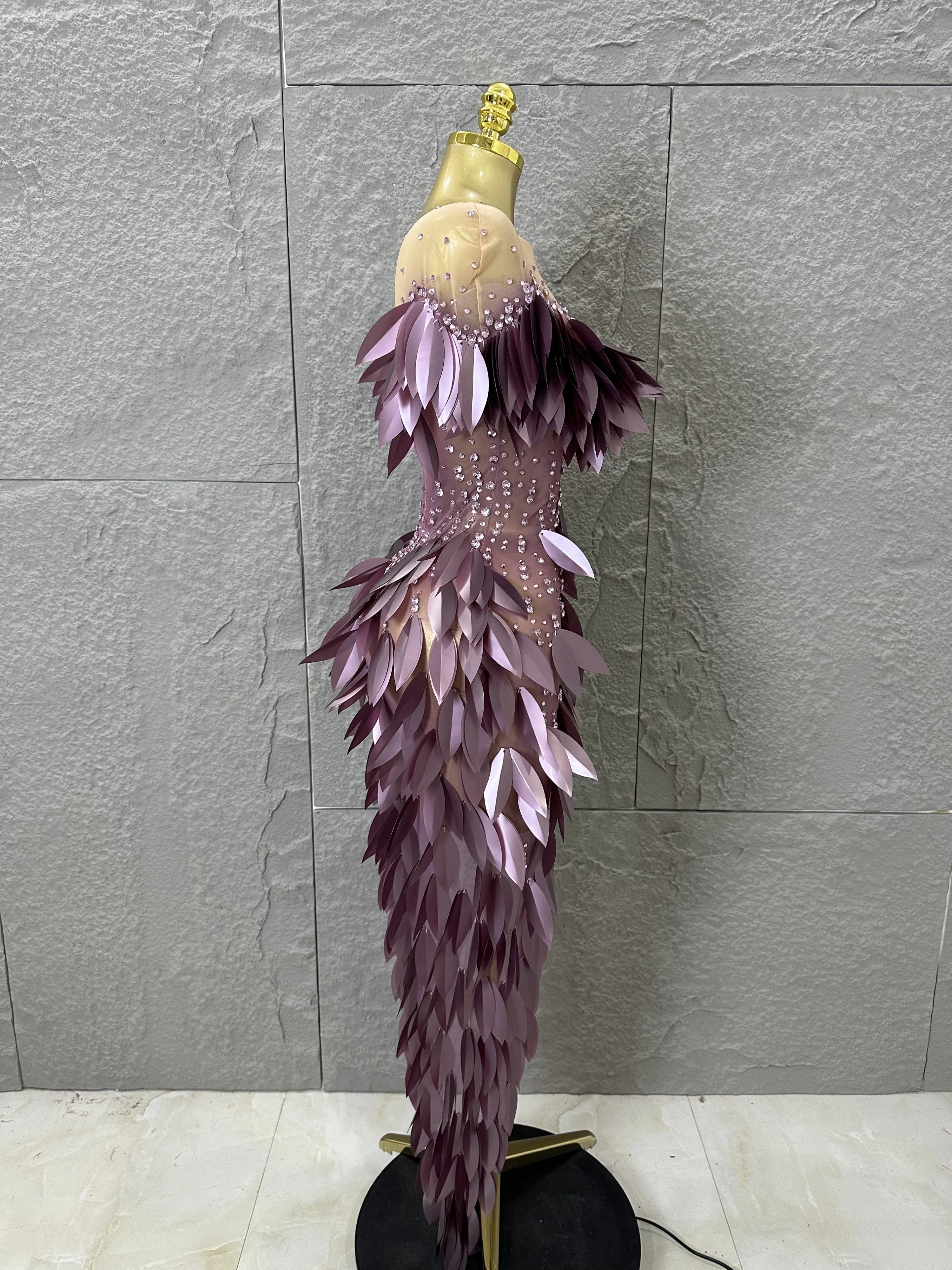 Sparkly 2026 Purple Sheer Mesh Dress Women Sexy Illusion Neck Rhinestone 3D Leaf Fringe Bodycon Evening Gala Nightclub Outfit