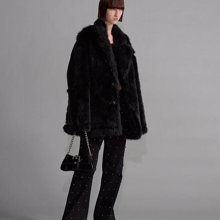 Autumn Winter Cool Loose Black Thick Warm Soft Hairy Faux Sheepskin Coat Women Luxury Designer Clothes Fluffy Jacket