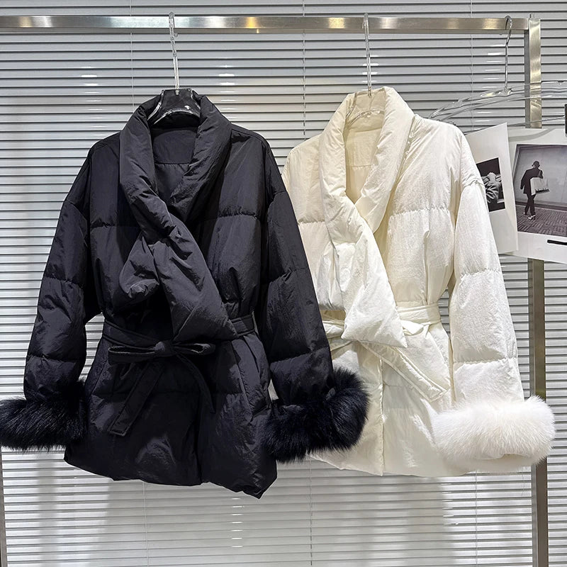 Winter New Elegant Temperament Furry Cuff Scarf Tie Waist Warm Jacket For Women Loose Cotton-padded Coat 11A07600