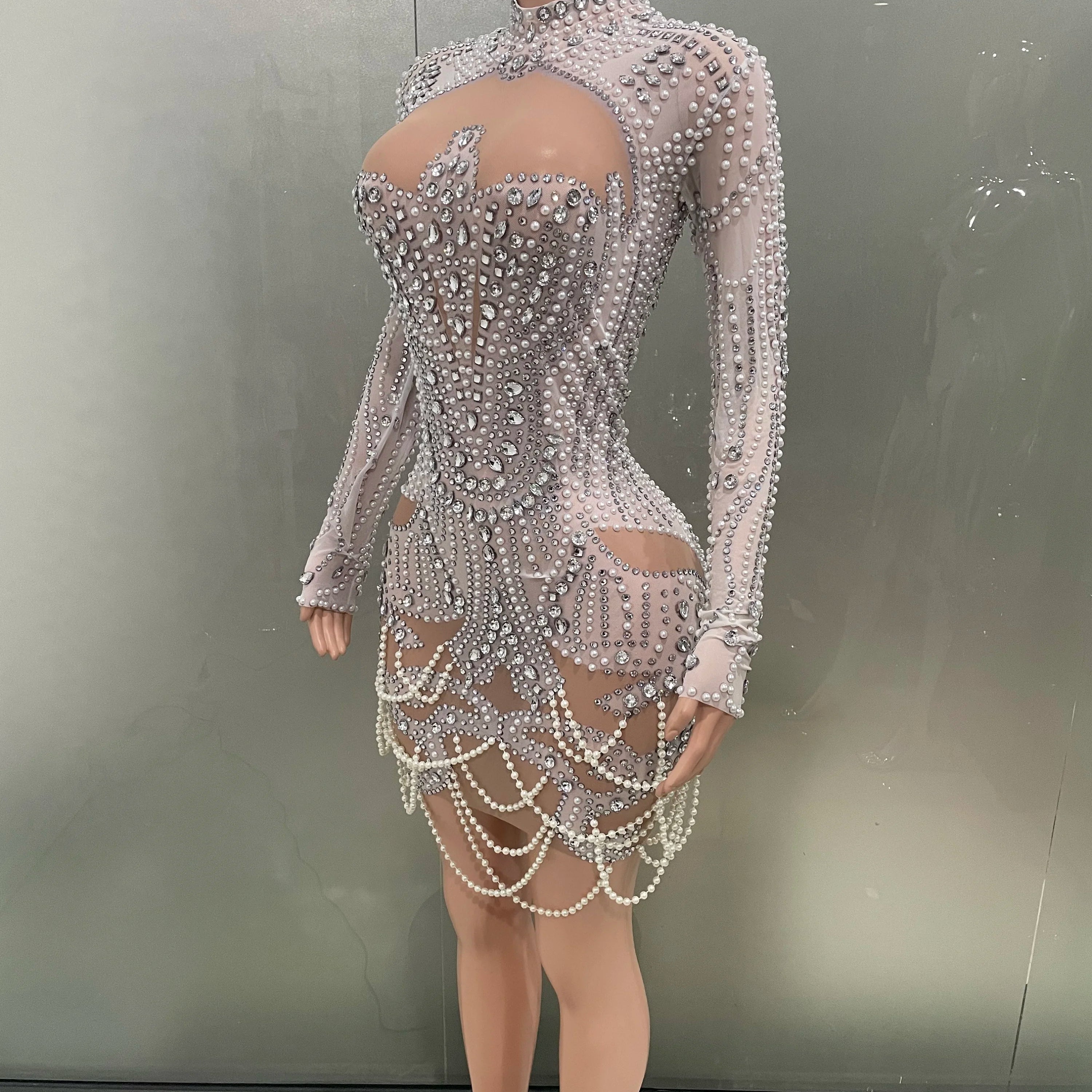 STOCK White Color Women Long Sleeve Sexy Mesh Beading Bodycon Mini Dress High Stretch Celebrate Birthday Party Dress