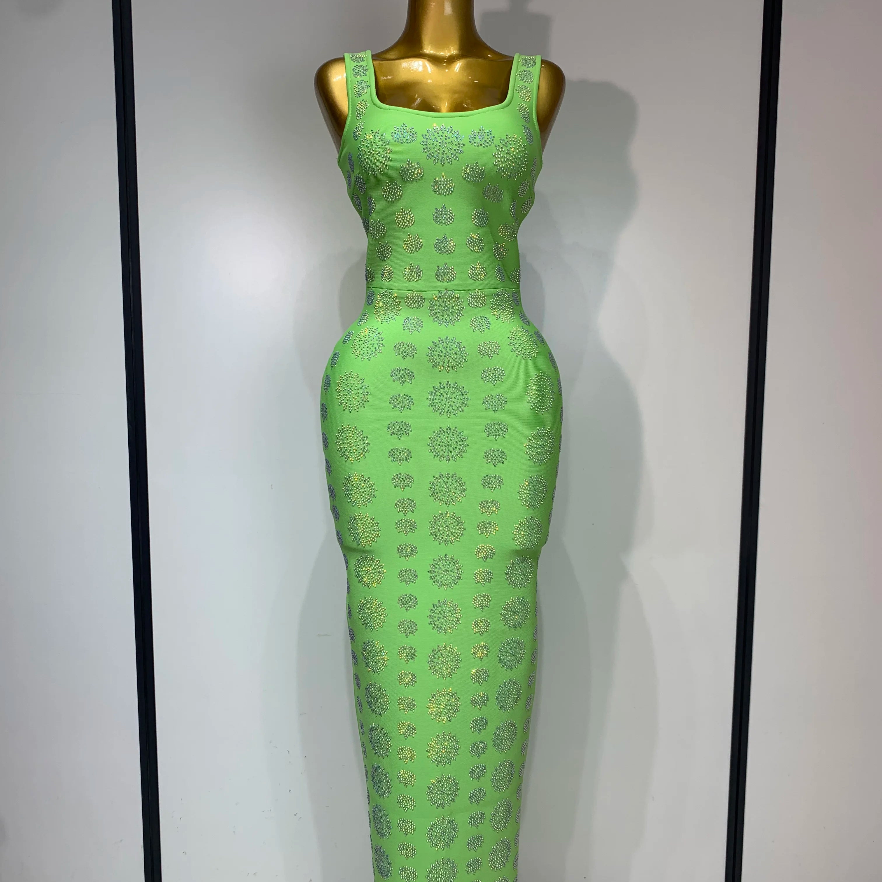 High Qulity Sparkling Diamonds Sleeveless Strech Bandage Dress Elegant Woman Evening Party Wedding Guest Luxury Birthday Dress Light Green