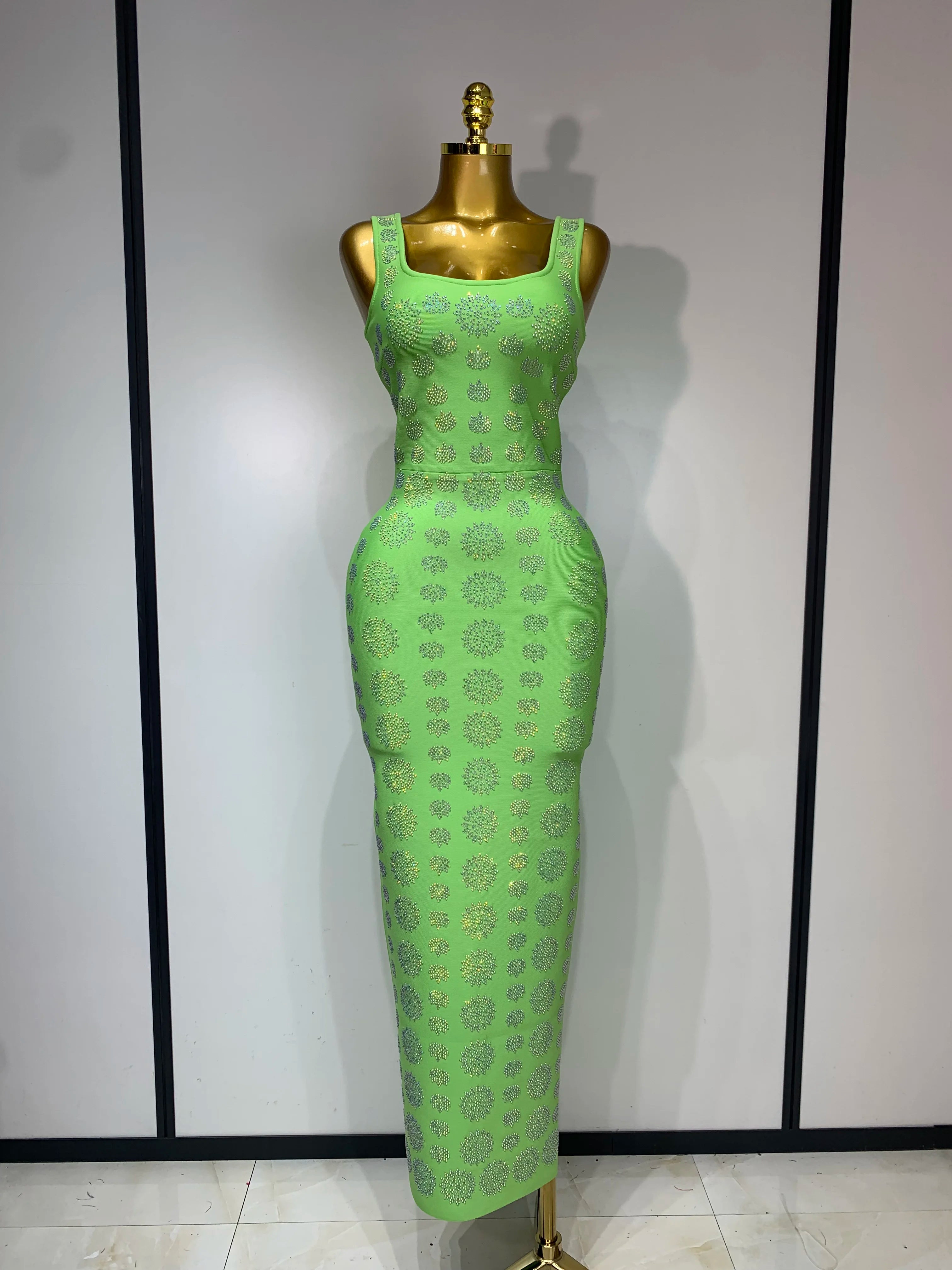 High Qulity Sparkling Diamonds Sleeveless Strech Bandage Dress Elegant Woman Evening Party Wedding Guest Luxury Birthday Dress Light Green