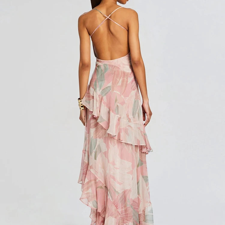 Floral-Print Ruffled Long Dress Pink Color Cowl Neck Spaghetti Straps Pleated Hem Strapless Maxi Cocktail Party Evening Gowns