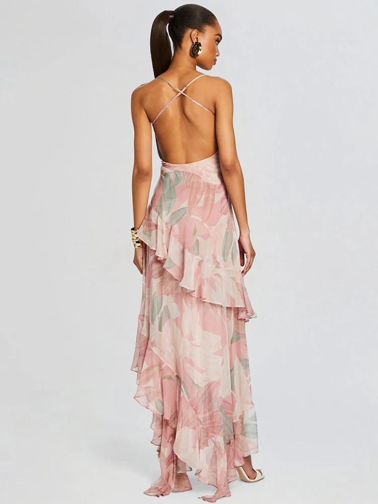 Floral-Print Ruffled Long Dress Pink Color Cowl Neck Spaghetti Straps Pleated Hem Strapless Maxi Cocktail Party Evening Gowns