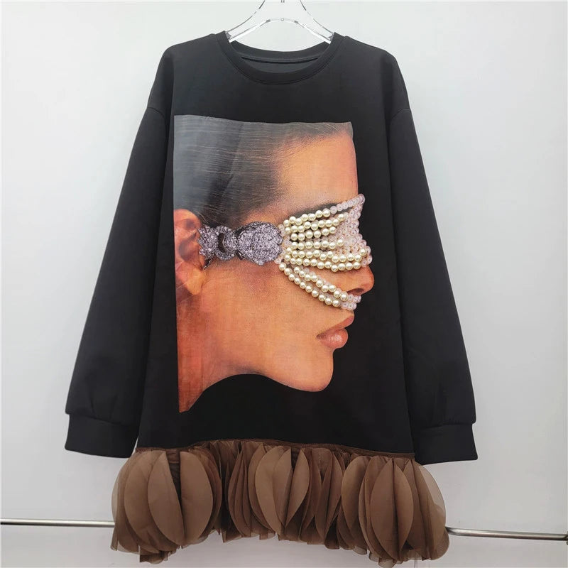 Autumn New Design Long Sleeve Loose Printed Mesh Lace Sweatshirt For Women Versatile Casual Pullover Trend 11A07706 Black One Size