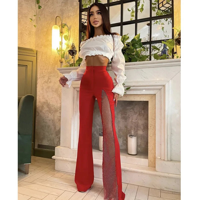 Black Red White New Summer Women Rayon Bandage Sexy Wide Leg Pants Fashion Diamond Keyholes Celebrity Wear Full Length Pant Red
