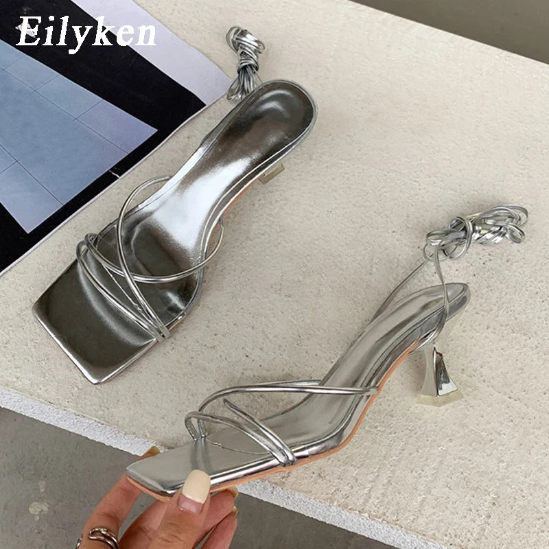 Eilyken Fashion Gold Silver Sandals Thin Low Heel Lace Up Rome Summer Gladiator Women Casual Narrow Band Shoes Silver