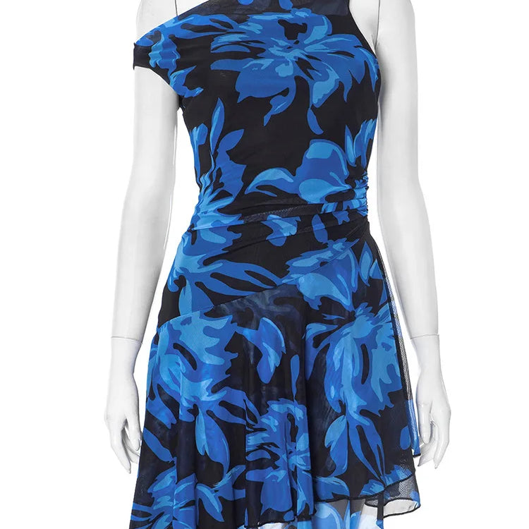 Blue Print Ruffled Sexy Mini Dress For Women Robe Irregular Oblique Shoulder Sleeveless Backless Club Party Dress Beach Blue