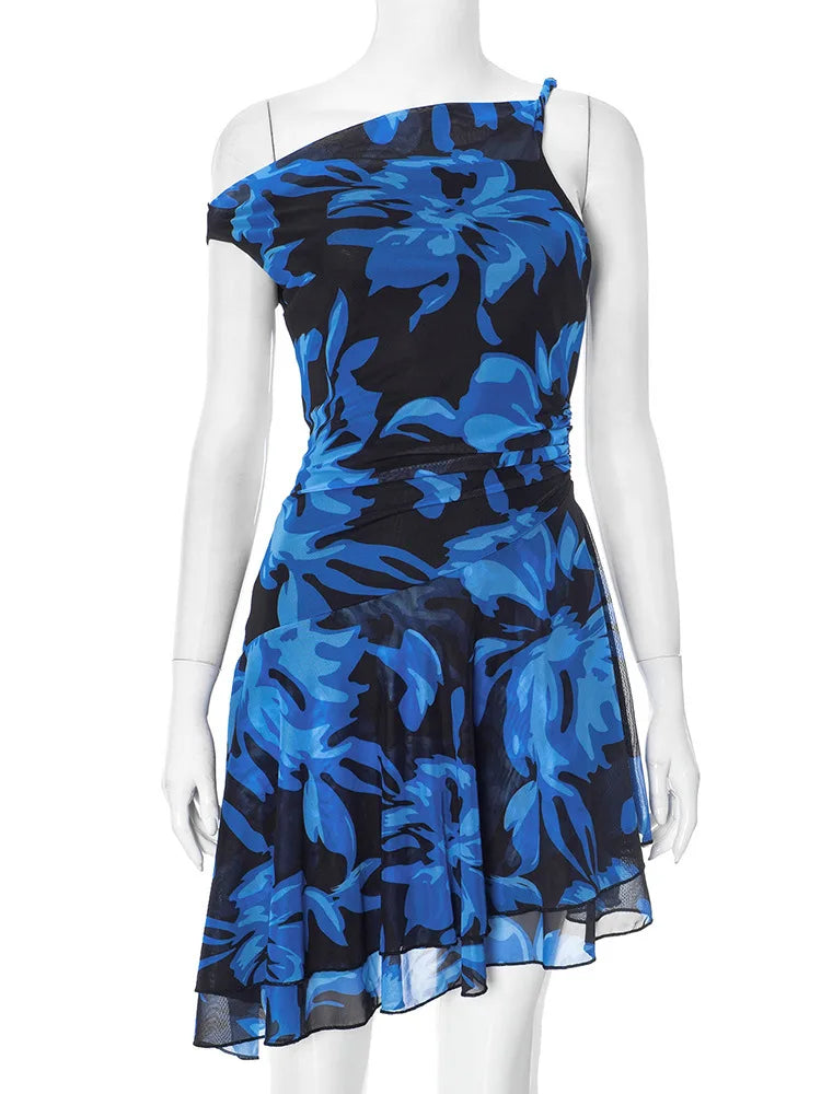 Blue Print Ruffled Sexy Mini Dress For Women Robe Irregular Oblique Shoulder Sleeveless Backless Club Party Dress Beach Blue