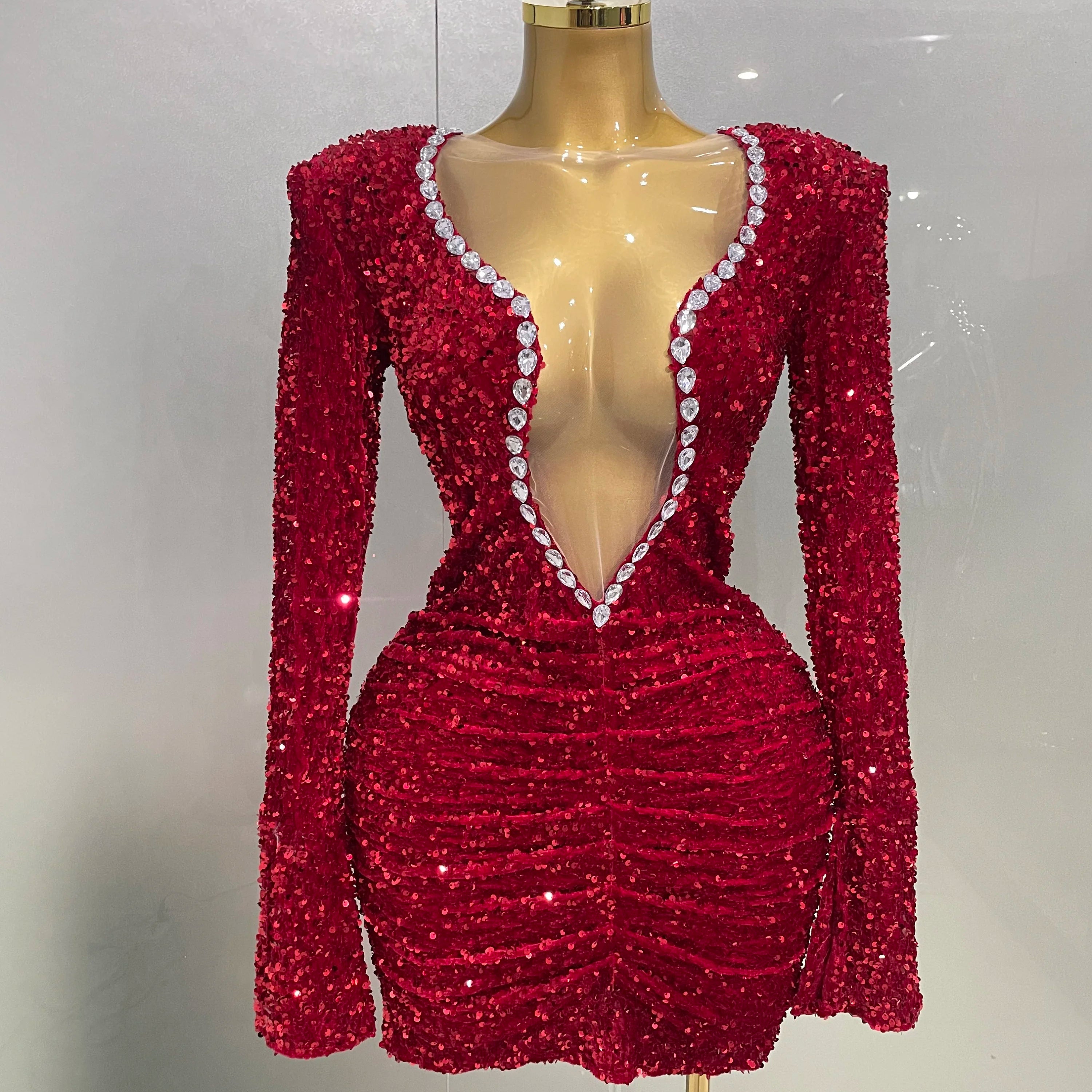 Sexy Shiny Red Sequins Rhinestones Sheath Mini Dress 2025 New Women Evening Birthday Party Nightclub Stage Performance Costume Red