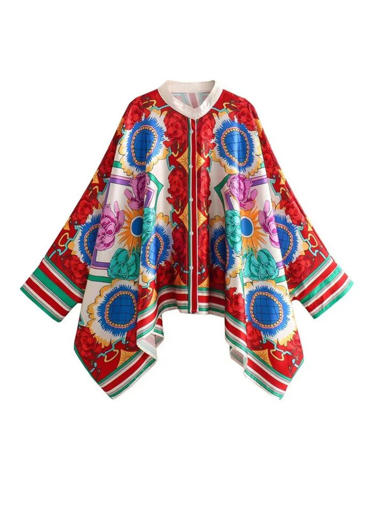 ZARATRAFnew summer women's silk texture printed trousers suit shirt bat shirt + positioning printed high waist trousers printed tops 1