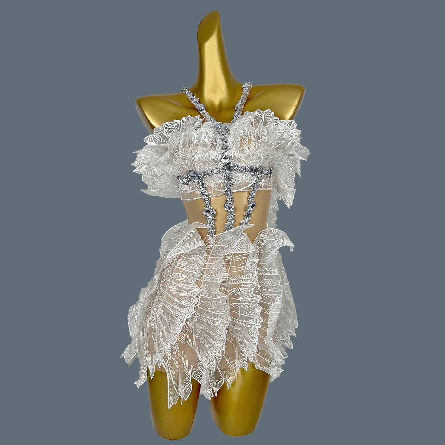 Women Celebrity Sexy Wing Beading Diamonds Gold Short Dress Wedding Party Prom Nightclub Sparkly Gowns Vestido 2024 Jinchan WHITE One Size