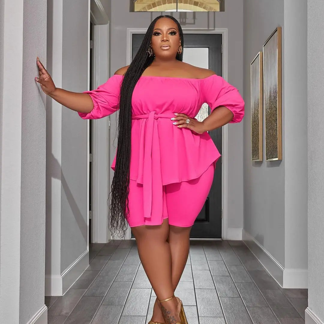 Wmstar Plus Size New In Matching Sets Two Piece Sets Women Loose Top Shorts Tracksuit Casual Summer Wholesale Dropshipping 2023 rose red