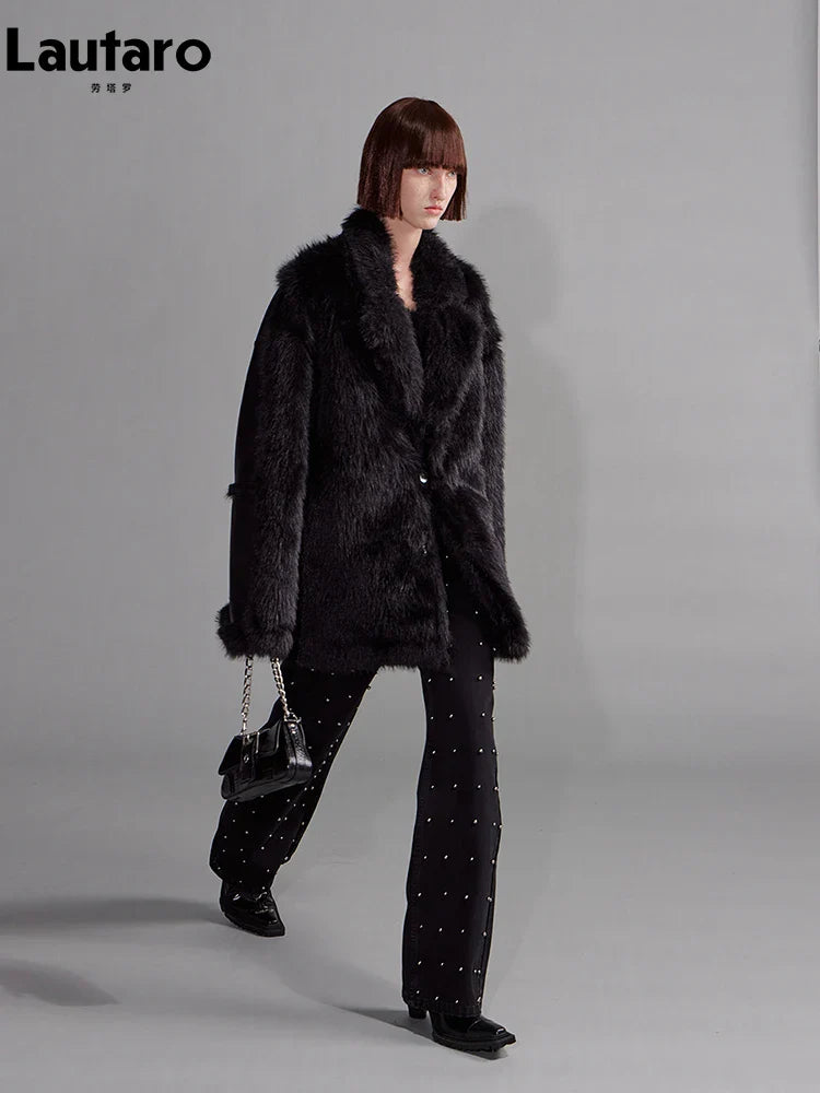 Autumn Winter Cool Loose Black Thick Warm Soft Hairy Faux Sheepskin Coat Women Luxury Designer Clothes Fluffy Jacket