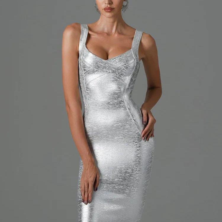 Women Summer Style Sexy Sleeveless Backless Gold Silver Bronzing Midi Bodycon Bandage Dress 2022 Elegant Evening Party Dress