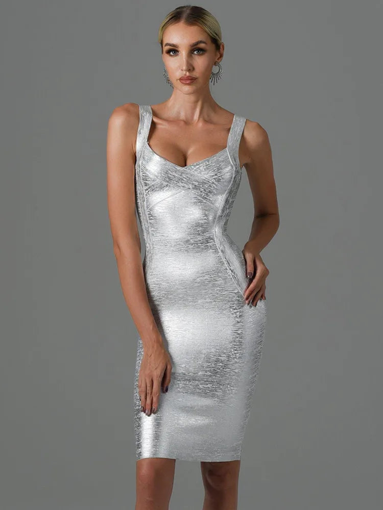 Women Summer Style Sexy Sleeveless Backless Gold Silver Bronzing Midi Bodycon Bandage Dress 2022 Elegant Evening Party Dress
