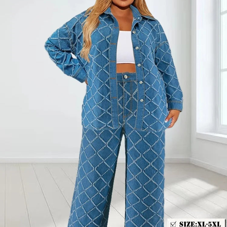 Wmstar Plus Size Denim Two Piece Sets Women Fall Clothing Print Long Sleeve Tops Pants New Matching Suits Wholesale Dropshopping