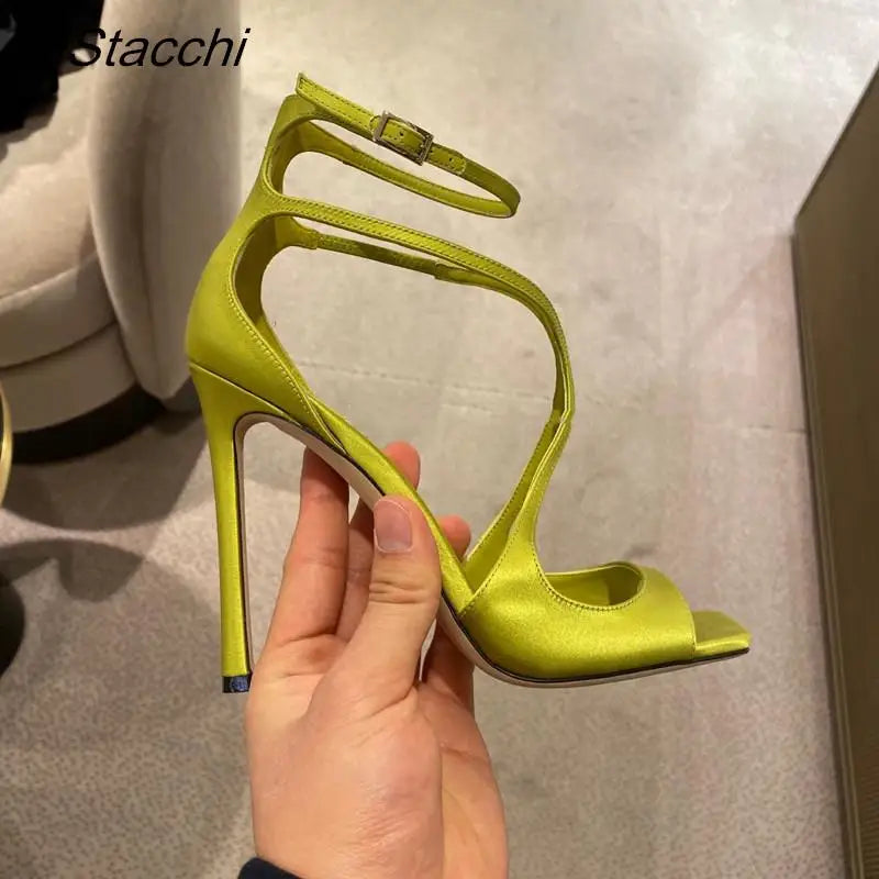 Women's Luxury Sandals Summer Pink Satin Open Toe Stiletto Sandals Concise High Heels Women Pumps Ankle Straps Designer Shoes green