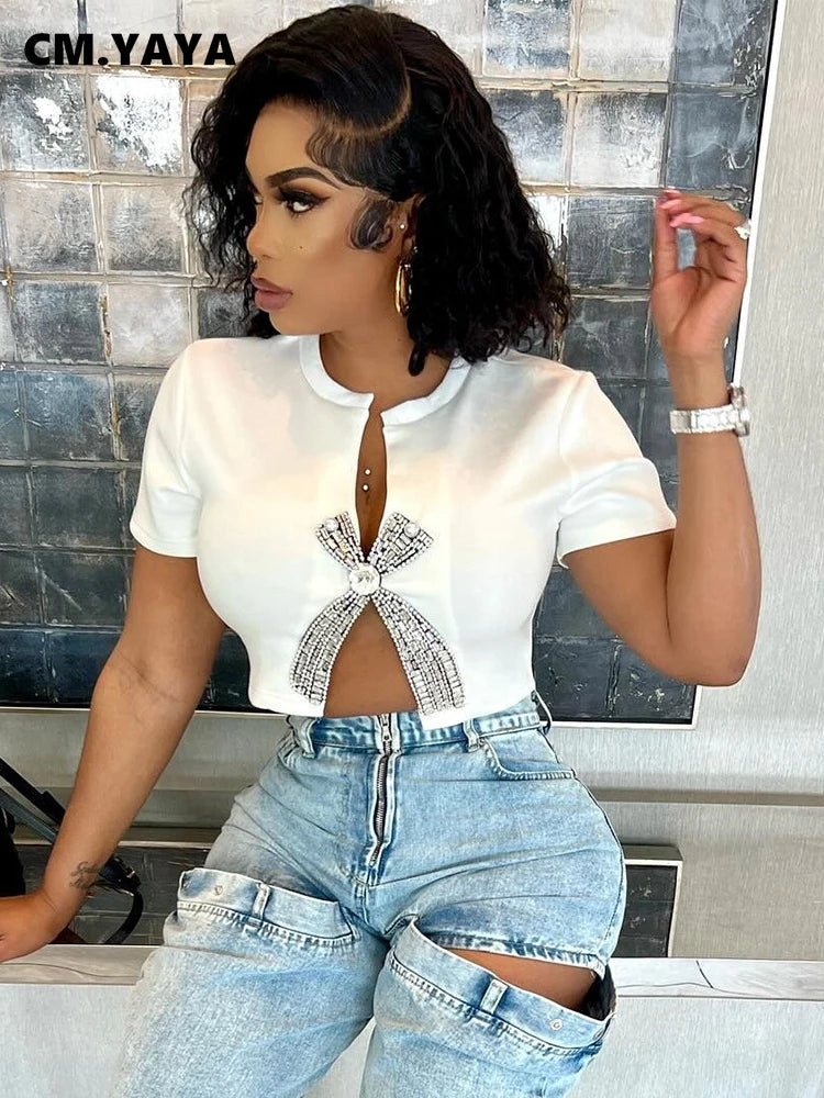 Women Fashion Diamonds Hot Rhinestones Bowknot Short Sleeve T-shirt Streetwear Elastic INS Tee Tops