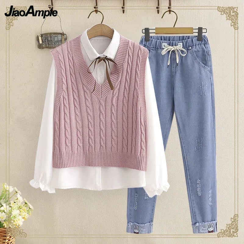 Women's Korean Preppy Style Student 3 Piece Abbigliamento Set Spring Fall Girls Casual Bow Shirt Knit Vest Denim Pants Outfits