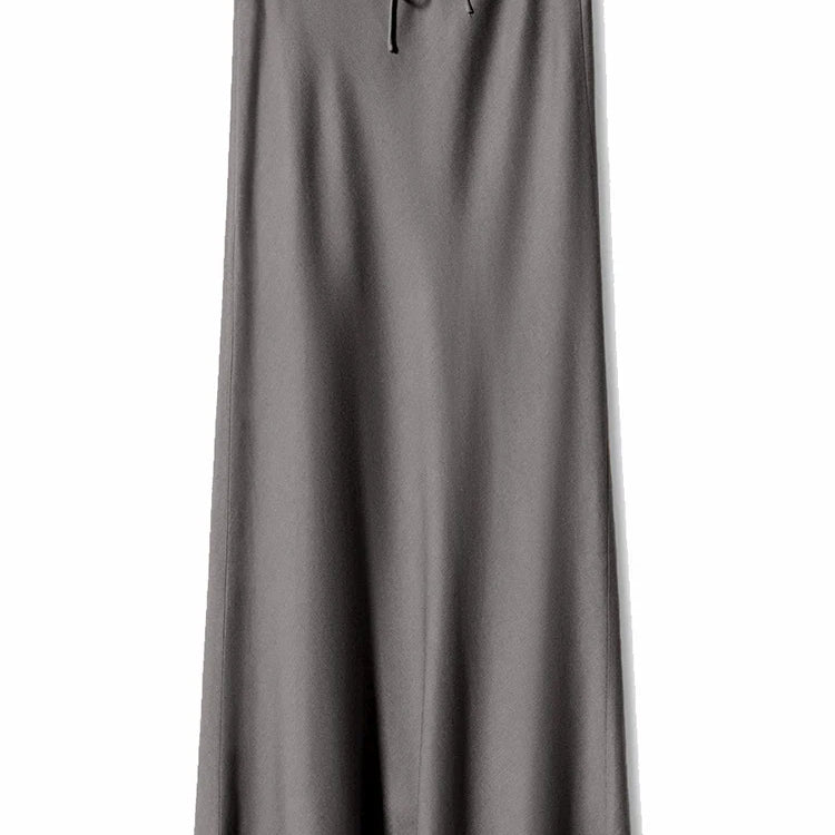 Streamgirl A Line Long Satin Skirts For Women Black Elegant High Waist Maxi Beige Skirts Silk Lace Up Long Skirt Women Gray