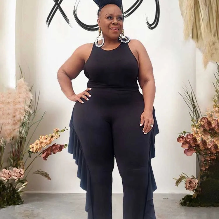 Style Plus Size Women Clothing Summer Two-piece Set Solid Color Tank Top Ruffle Pant Set Lady Trendy Suit Wholesale Dropshipping