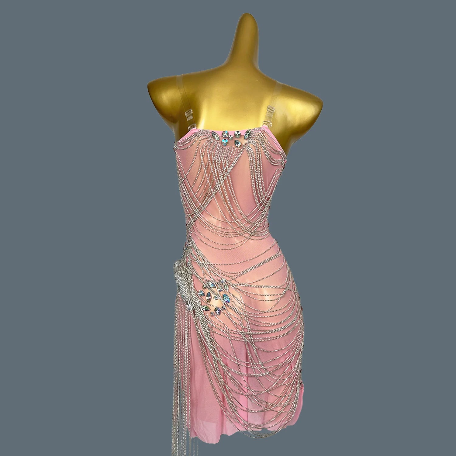 Women Shiny Crystal Chain Diamonds Dress Elastic Sexy Tassel Mini Dress Nightclub Show Costume Birthday Party Dress Tassel Luoli