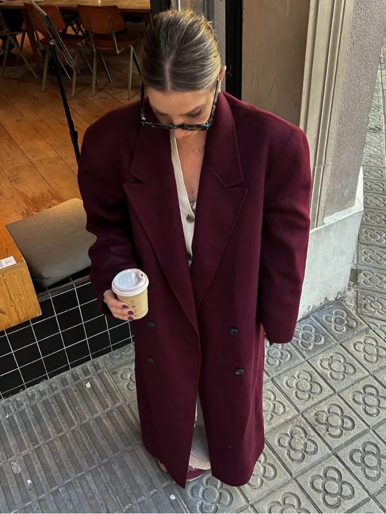 Fashion Burgundy Red Double Breasted Oversized Overcoat Women Casual Lapel Pockets Long Sleeve Coats Female High Streetwear