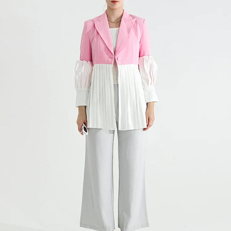 DEAT Fashion Women's Blazer Notched Collar Single Button Spliced Pleate Contrast Colors Suit Jackets Spring New Tide 7AB008